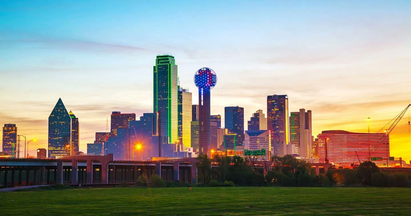 Modern Dallas, Texas neighborhood of contemporary homes at golden hour